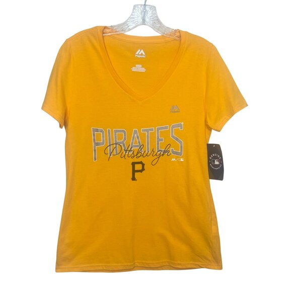 Majestic Pittsburgh Pirates Tshirt Womens Small Yellow V-Neck MLB New - Picture 1 of 11